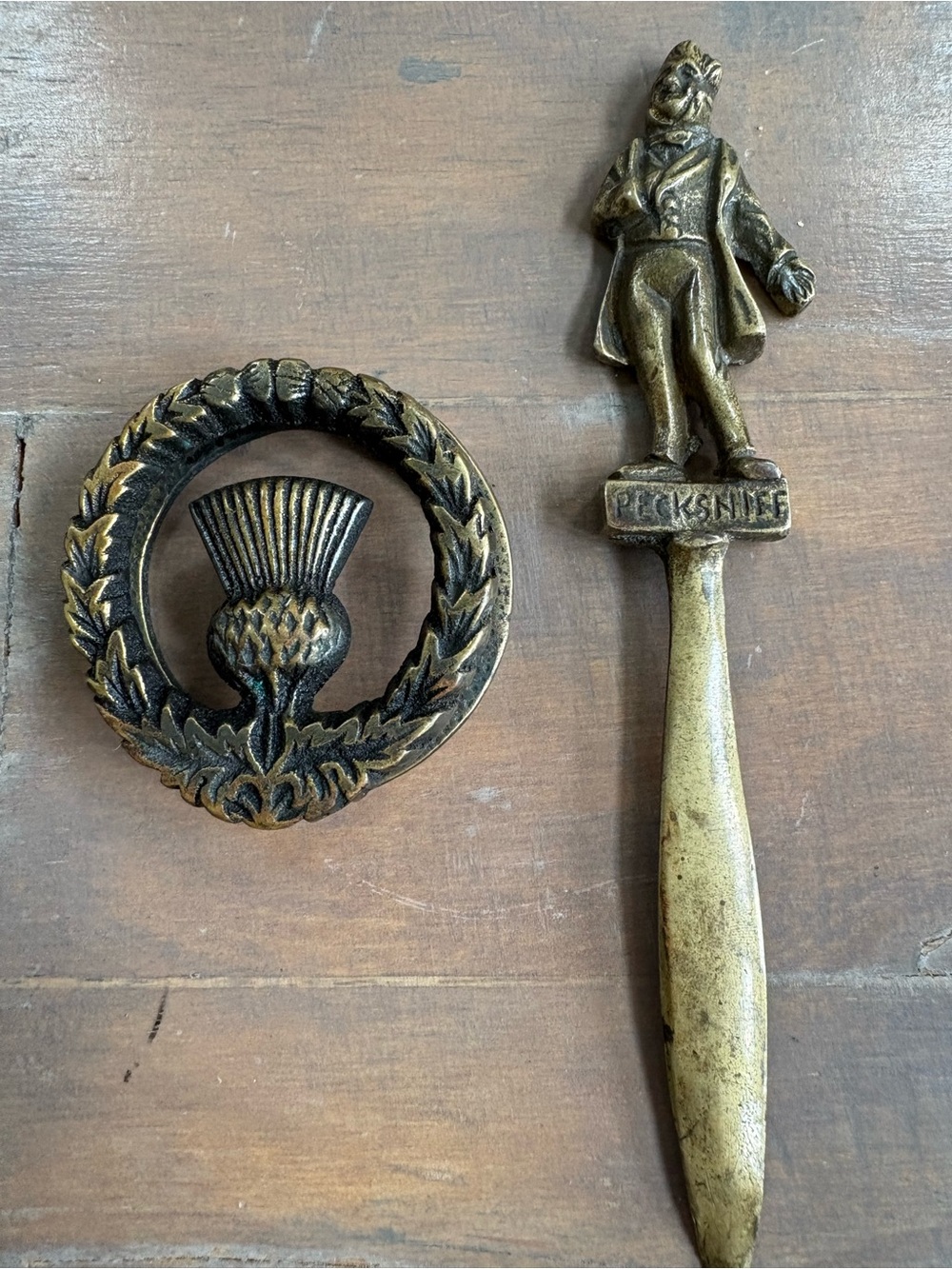 Vintage Brass Thistle Plaque & Pecksniff Letter Opener